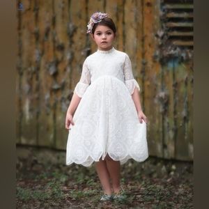 Trish Scully Child White Scalloped Mock Neck Lace Aria Dress Sz 12 NWT
